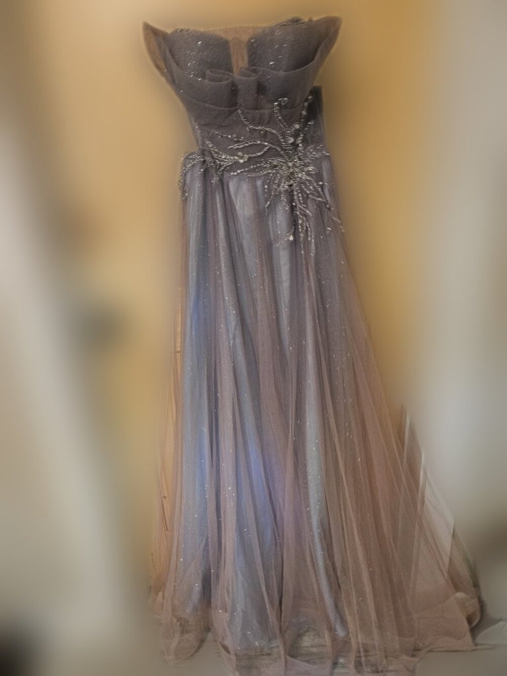Coya Collection CL2643 Grey Gradient Glitter Tulle Gown Corset Back M NWT